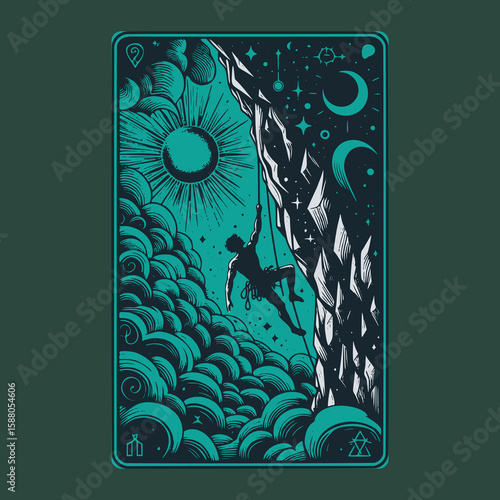 detailed vector scene of climbing rocky mountain for retro card