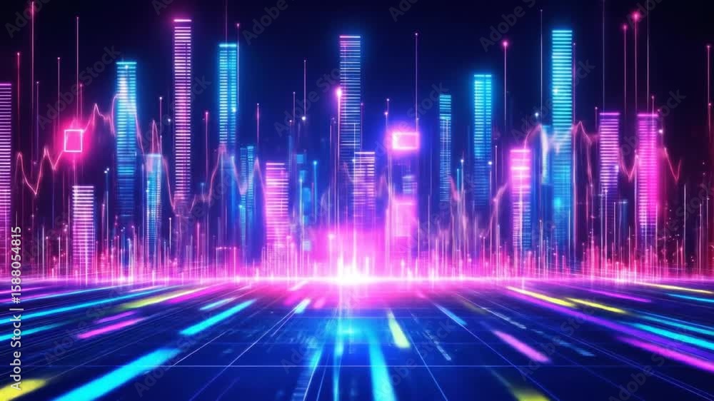 Futuristic city skyline with vibrant neon lights and digital data streams Futuristic city skyline with vibrant neon lights and digital data streams