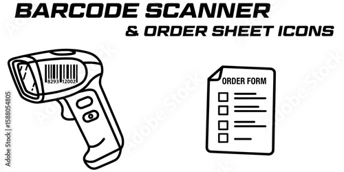 Barcode scanner and order form icons provide essential elements for retail and inventory management application design isolated on a white background.