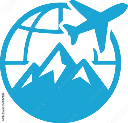 Globetrotting Adventure: An abstract and minimalist graphic features a sleek silhouette of an airplane soaring across the world map, with mountain peaks beneath it.