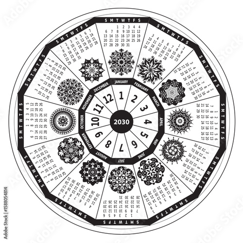 Calendrier 2030 avec Mandalas - Roue Couleurs Arc-en-Ciel - 12 Mois - Vecteur Noir et Blanc
