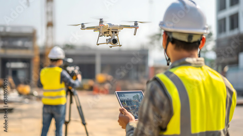 Construction worker operates drone using tablet at building site