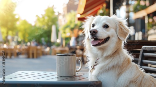 Happy golden retriever sitting at a caf? table with a coffee cup, enjoying a sunny day outdoors