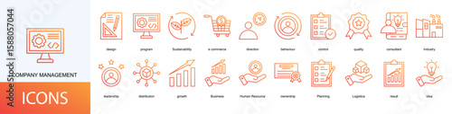 company management icon collection set. Containing design, program, Sustainability, e commerce, direction, behaviour, control, quality icon