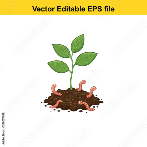 A young plant grows in soil with friendly earthworms