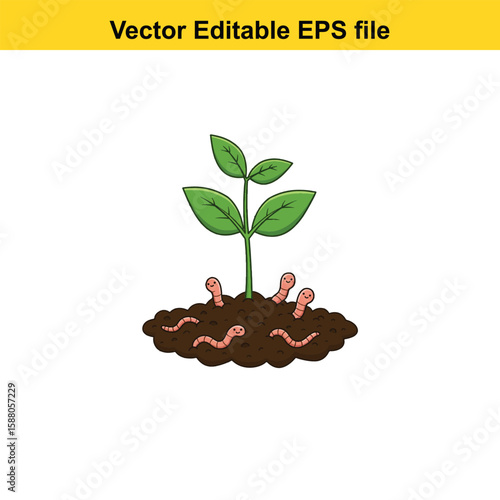 Cute cartoon worms help a plant sprout in the soil