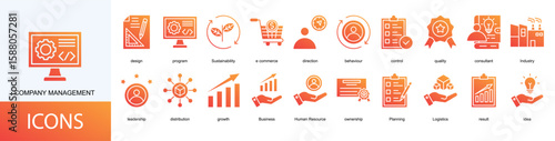 company management icon collection set. Containing design, program, Sustainability, e commerce, direction, behaviour, control, quality icon