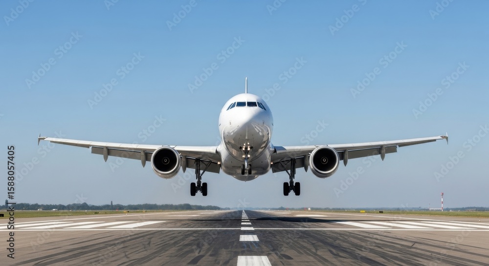 Naklejka premium Passenger air plane landing on airport runway with blue sky background for travel transportation tourism airline or aviation business content