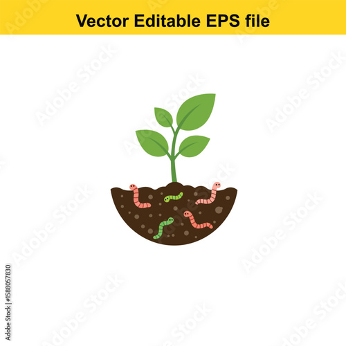 Cute earthworms help a plant grow in fertile soil