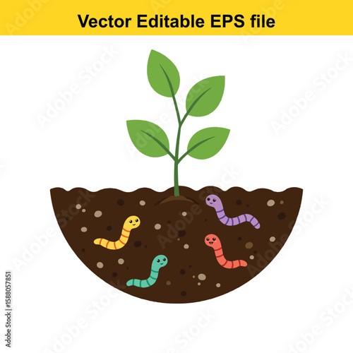 Colorful earthworms help a plant grow in fertile soil