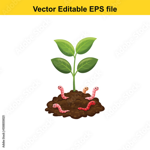 Cartoon worms and a plant in the soil, isolated on white