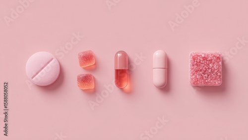 Pink pills and gummies on a pink background