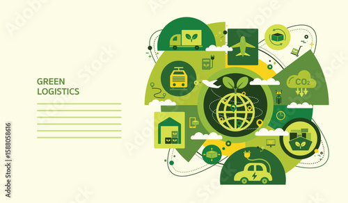 Green logistics concept or sustainable transportation with icons vector. Including Air, sea and land transportation and clean greenhouse-free transport using technology to deliver green parcels.