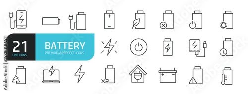 Set of line icons related to battery, energy, power. Outline icons collection. Editable stroke. Vector illustration