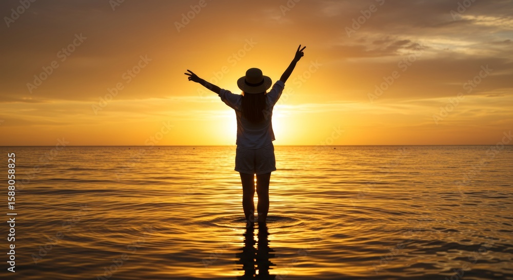 Fototapeta premium Woman in hat silhouetted by golden sunset at the beach