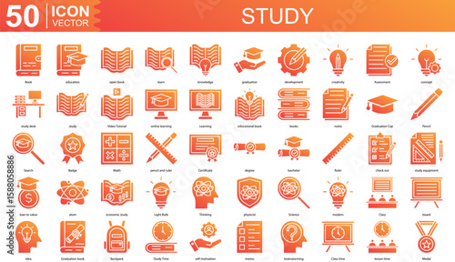 study icon collection set. Containing learn, knowledge, graduation, development, creativity, Assessment, concept icon