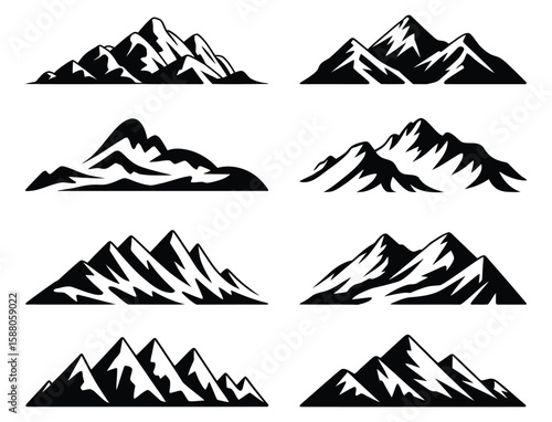 Set of stylized black and white mountain range illustrations with sharp peaks and abstract shadows—ideal for nature, travel, or design projects