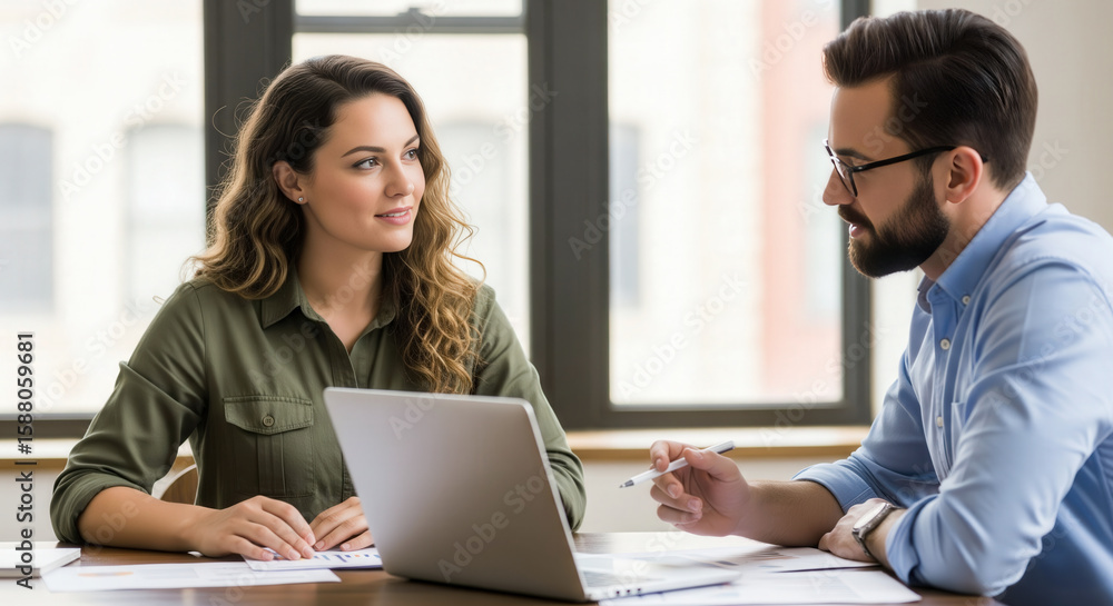 Two professionals sitting at a desk in a bright office, reviewing charts and graphs on a laptop while discussing financial analysis and project planning. Two professionals sitting at a desk in a bright office, reviewing charts and graphs on a laptop while discussing financial analysis and project planning.