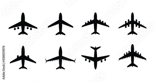 Silhouettes of eight distinct airplanes in top-down view showing varied designs and wing configurations—ideal for aviation and technical visuals