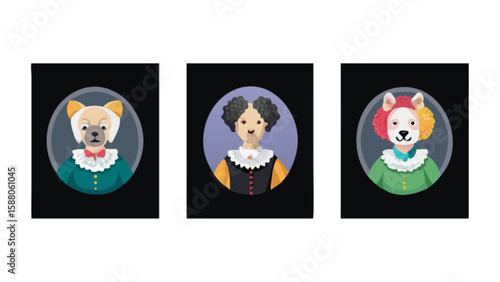 Unique character portraits of anthropomorphic animals and people in vintage clothing for profile pictures