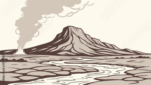 Volcanic landscape illustration with mountain river and smoke for earth science and geography lessons