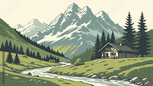 Mountain landscape vector with cabin and river stream illustration for nature background and travel poster