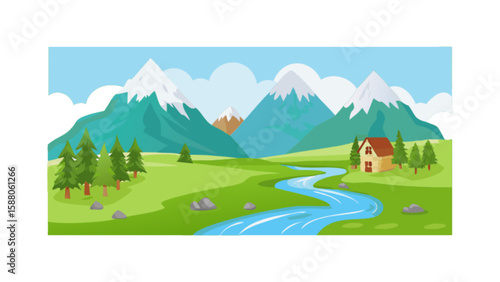 Mountain landscape scene with river house and trees vector background illustration for nature and outdoor theme