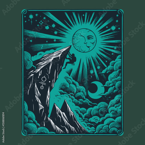 climber on mountain cliff in textured vector art for card design