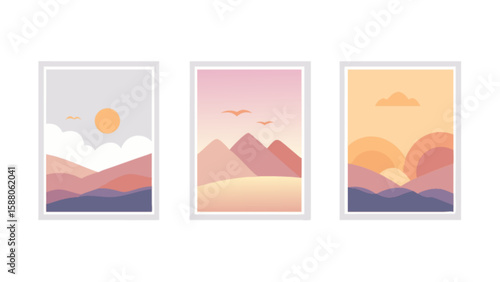 Minimalist landscape art print set scenic mountain range sunrise sunset wall decor home office decoration ideas