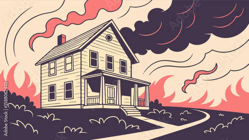 House fire disaster illustration of burning home with flames and smoke damage vector art design drawing