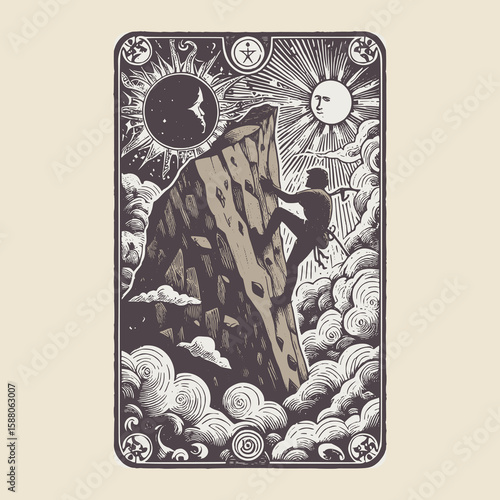vintage vector card featuring steep mountain rock climbing view