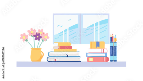 Bookshelf with books flowers and window illustration for study room and home decor ideas for students and readers