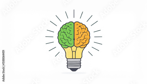 Lightbulb with a brain inside, half green and half orange, radiating light, symbolizing ideas and intelligence.