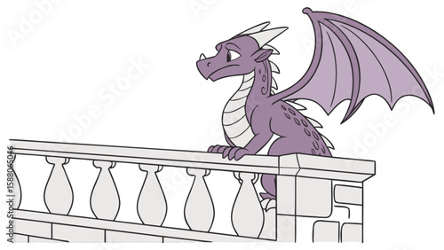 Sad purple dragon cartoon character on balcony illustration for kids and fantasy art lovers design element