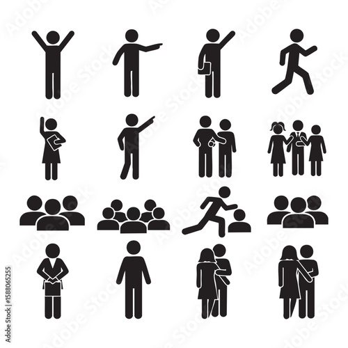 Diverse human figures in various poses and interactions people icons