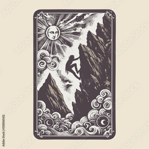 retro card showing climbing figure scaling steep rock in vector