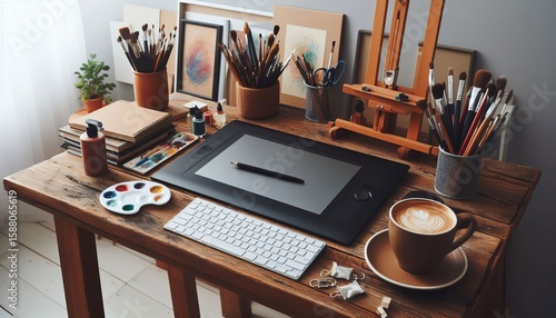 Artist’s Desk Setup An art table with a Wacom tablet paintbrus