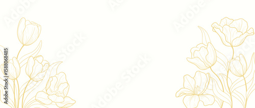 Gold Flower hand drawn on white background vector. Natural botanical elegant tulip flower with gold line art. Luxury illustration for decoration, wall decor, wallpaper, cover, banner, package, card.