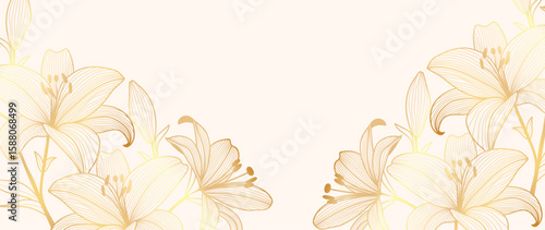 Gold Flower hand drawn on white background vector. Natural botanical elegant lily floral with gold line art. Luxury illustration for decoration, wall decor, wallpaper, cover, banner, package, card.