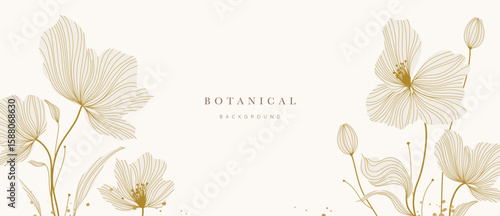 Gold Flower hand drawn on wv background vector. Natural botanical elegant poppy floral with gold line art. Luxury illustration for decoration, wall decor, wallpaper, cover, banner, package, card.