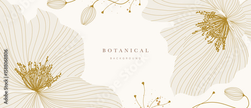 Gold Flower hand drawn on white background vector. Natural botanical elegant poppy floral with gold line art. Luxury illustration for decoration, wall decor, wallpaper, cover, banner, package, card.
