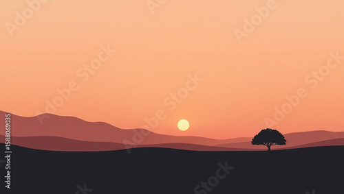 Minimalist sunset landscape with single tree silhouette