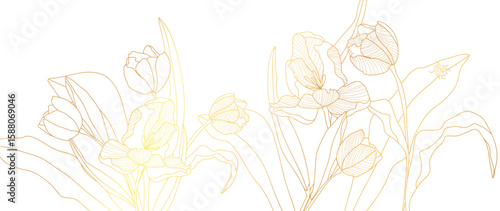 Gold Flower hand drawn on white background vector. Natural botanical elegant tulip and lady bug with gold line art. Luxury illustration for decoration, wall decor, wallpaper, cover, banner, package.