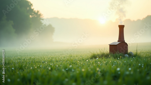Red Chimney Emitting Smoke in Misty Green Field at Sunrise