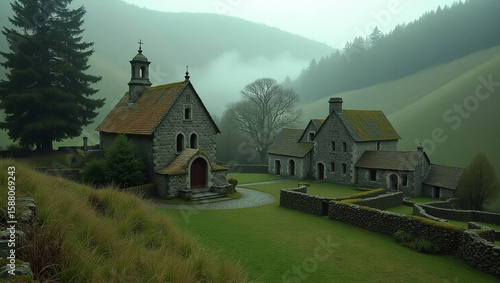 Stone chapel and buildings in misty green valley stone buildings