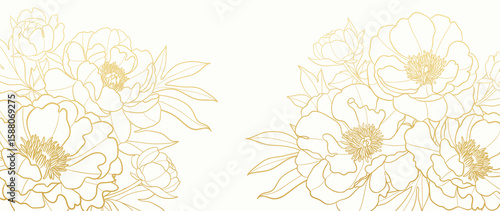 Gold Flower hand drawn on white background vector. Natural botanical elegant peony floral with gold line art. Luxury illustration for decoration, wall decor, wallpaper, cover, banner, package, card.