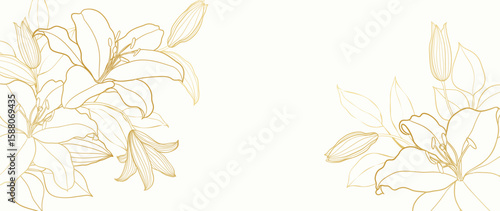 Gold Flower hand drawn on white background vector. Natural botanical elegant lily floral with gold line art. Luxury illustration for decoration, wall decor, wallpaper, cover, banner, package, card.