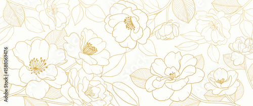 Gold Flower hand drawn on white background vector. Natural botanical elegant peony floral with gold line art. Luxury illustration for decoration, wall decor, wallpaper, cover, banner, package, card.