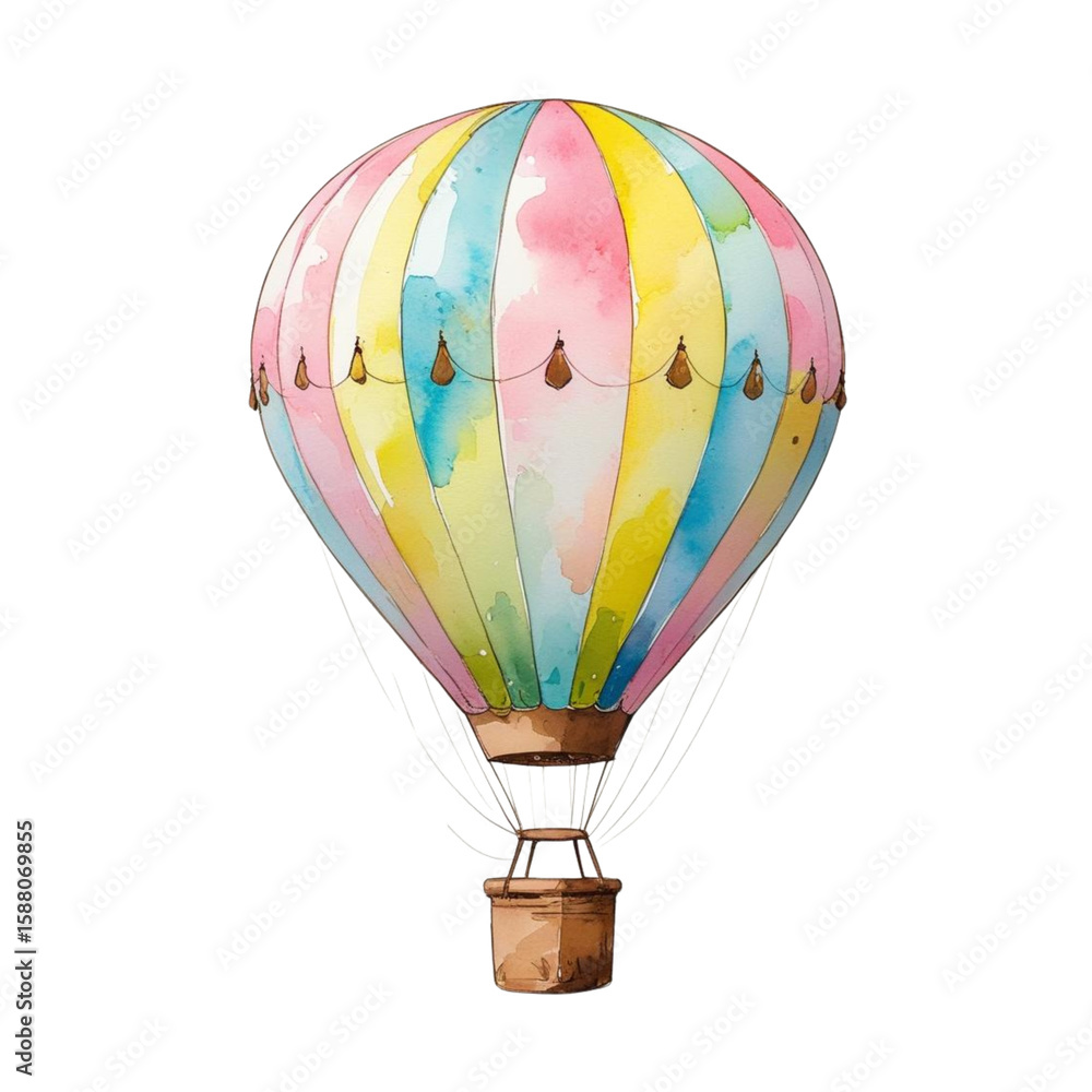 Fototapeta premium a beautiful pastel colorful watercolor hot air balloon isolated on a transparent background
