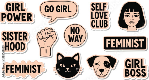Girl power illustrations with feminist slogans and cute animal sketches